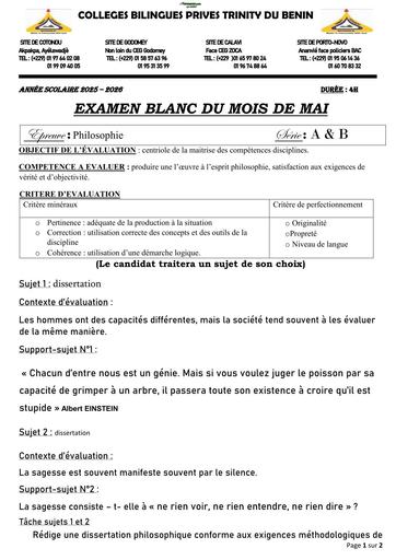 EXAMEN BLANC INTERNE  PHILO Tle A et B MAI 2026 BY TEHUA