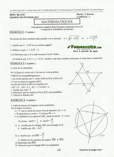 Sujet de maths BEPC blanc 2015 Lycée Mamie Faitai de Bingerville