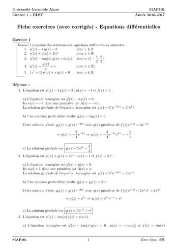 Fiche exercices (avec corrigés) - Equations différentiellesTD4