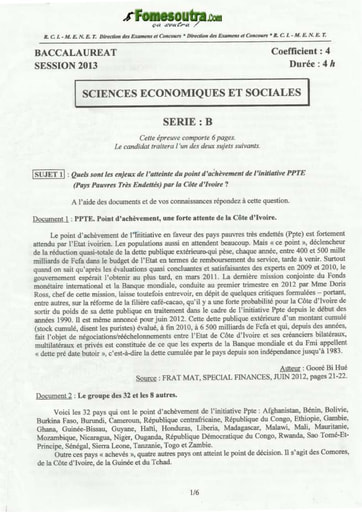 Sujet de Sciences économiques et sociales BAC B 2013