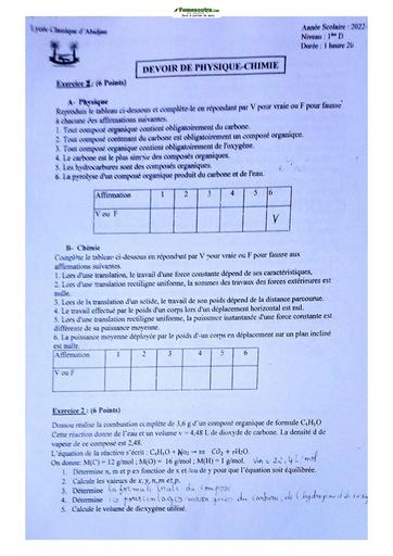 Sujet de Physique-Chimie Niveau Première D Lycée Classique Abidjan 2023