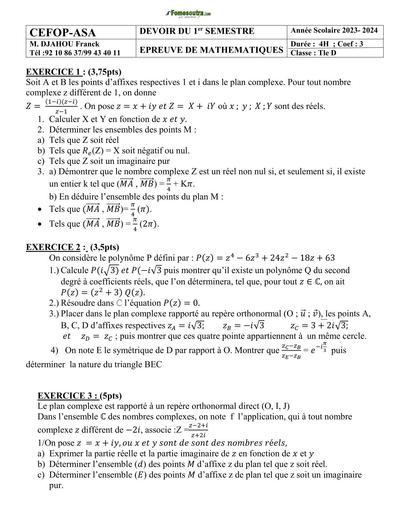 Devoir de maths Tle D SEFOP ASA semestre 1 by TEHUA