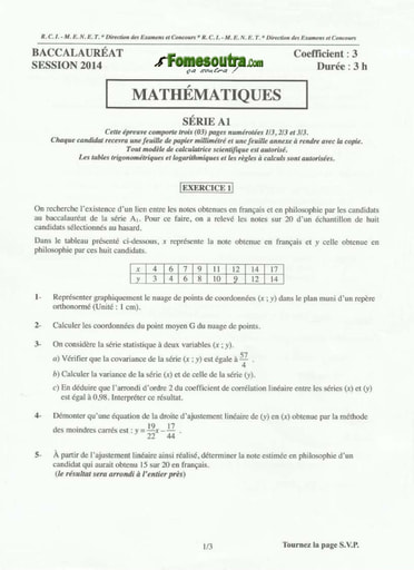 Sujet de Maths BAC A1 2014
