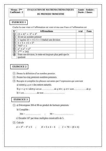 Devoir de Niveau 1 Maths 5ème Trimestre 1 2024 by Tehua