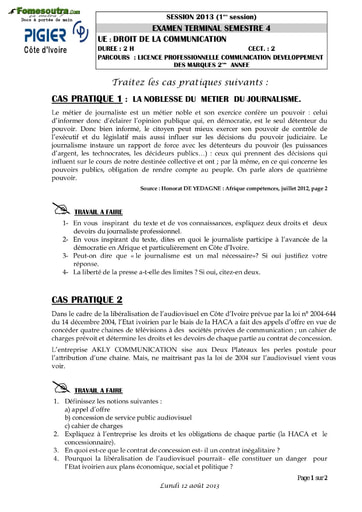 Sujet Droit de la communication - Licence professionnelle 2eme année - PIGIER (2013)