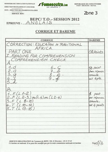 Corrigé anglais BEPC 2012 Zone 3