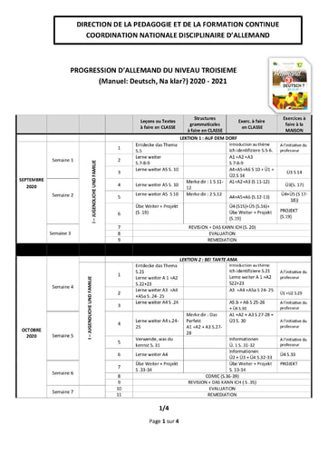 Progression d'Allemand du niveau Troisième année scolaire 2021-2022