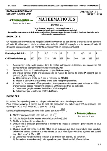 Sujet de Maths BAC blancs série G1 ADAMA SANOGO 2014