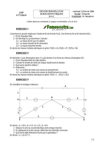 Devoir de Physique-Chimie niveau 2nd C - GSJF Attoban