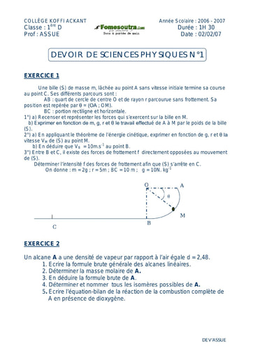 Devoir (8) de Physique-chimie 1ère D Challenge de Dimbokro