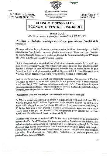 BAC blanc MARS 2026 ENCONOMIE GENERALE SERIE G1 et G2 SUJET Drena By TEHUA