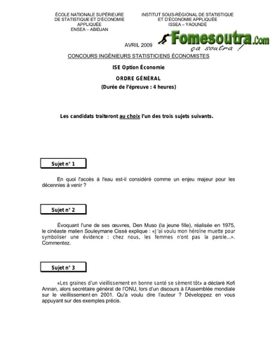 Sujet d'ordre générale ISE option Economie 2009 (ENSEA - ISSEA)