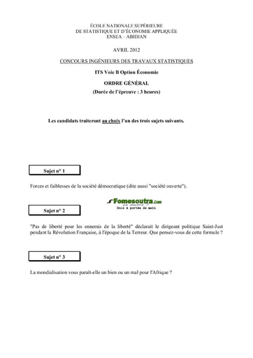 Sujet d'ordre générale ITS B option Economie 2012 (ENSEA - ISSEA - ENSAE)