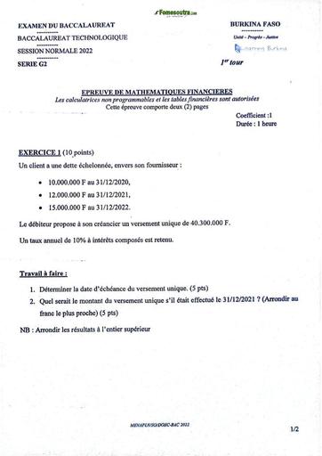 BAC TECHNOLOGIQUE BURKINA 2022 G2 Maths Financières 1ier tour by TEHUA