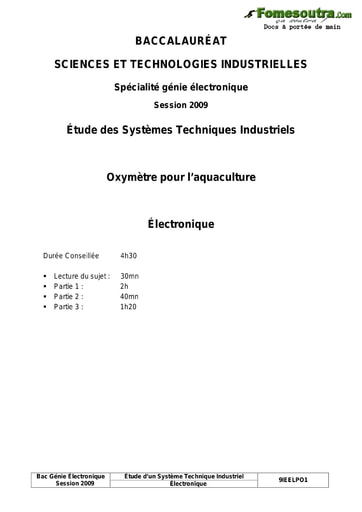 Sujet corrigé Oxymètre pour l’aquaculture - Étude des Systèmes Techniques Industriels - BAC 2009