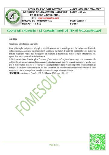 FICHE 1 Philosophie Tle C&D COMMENTAIRE PHILOSOPHIQUE by TEHUA