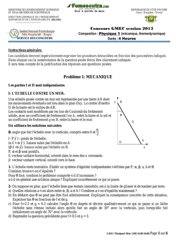 Sujet de Physique 1 concours GMEC 2015