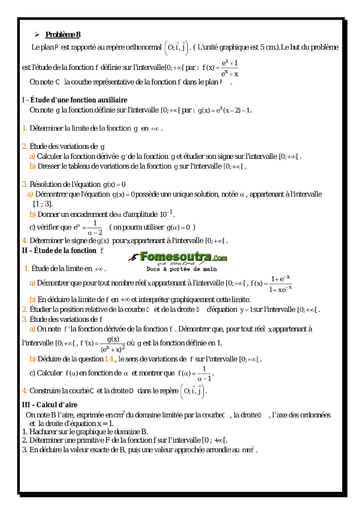 Corrigé Problème (8) Etude d'une fonction exponentielle - Maths Terminale D