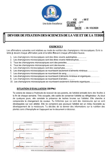 Devoir de SVT niveau 5ème - Année scolaire 2020-2021