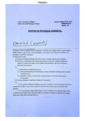 Sujet Physiques-Chimie Lycée Classique Abidjan 2022-2023