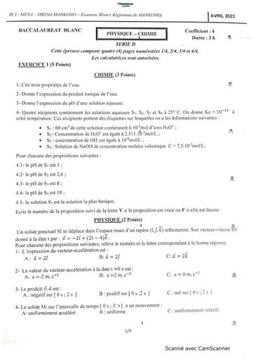 BAC blanc 2023 PC serie D Drena Mankono sujet+barème By TEHUA