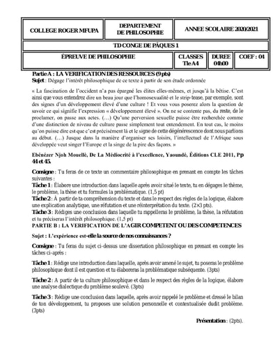 CollègeRMfupa Philo TleA4 TDCongésPaques1 2021