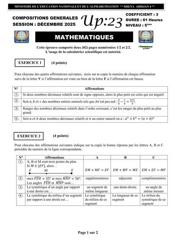 COMPOSITION GENERAL 2025 MATHS NIVEAU 5ième UP23 BY TEHUA