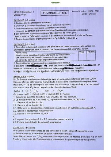 Sujet de Physique-Chimie Niveau Première D Lycée Classique Abidjan 2022-2023