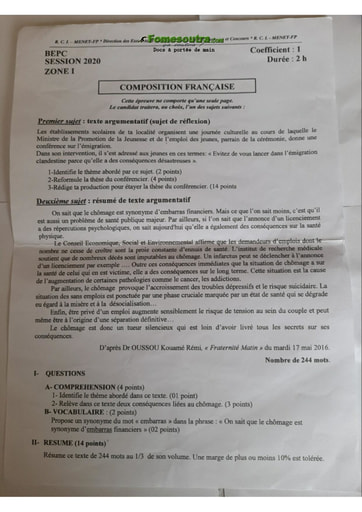 Sujet de Composition Française BEPC 2020 Zone 1