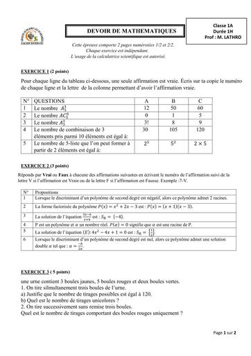 Devoir de maths 1ière A(Dénombrement et Equations) By Tehua