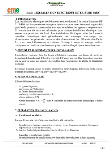 Installations Electriques Intérieures ou Domestiques (suite 2)
