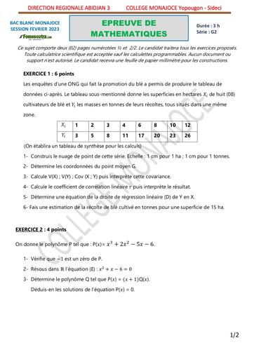 EPREUVE BAC BLANC 2023 MATHEMATIQUES SERIE G2 COLLEGE MONAJOCE YOPOUGON COTE D'IVOIRE