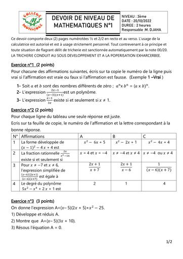 DEVOIR MATHS 1 de 3eme 2022 By DJAHA