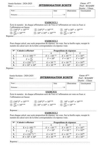 Interrogation écrite N°1 Maths niveau 4ème (nombres décimaux relatifs)by Tehua
