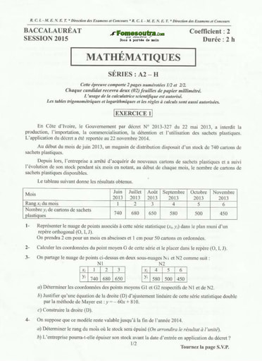 Sujet corrigé et barème de Maths BAC A2 et H 2015
