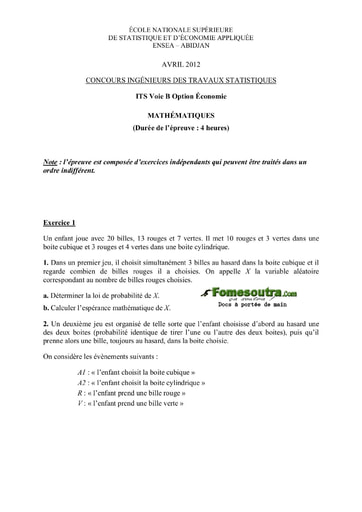 Sujet Maths ITS B option Economie 2012 (ENSEA)