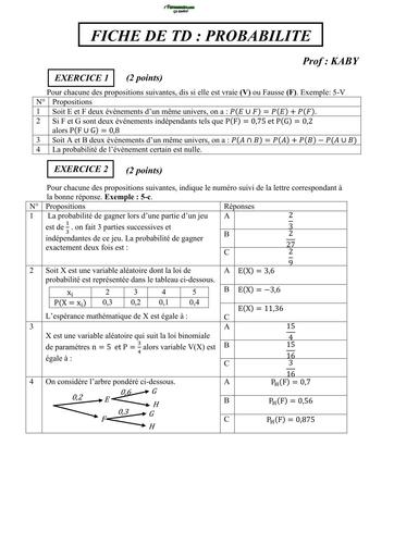 Fiche Travaux Dirigés MATHS Tle D (PROBA) by TEHUA