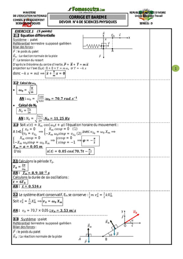 Corrigé Devoir 5 Physique-Chimie niveau Terminale D lycée moderne Dimbokro