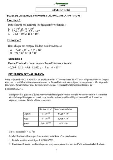 COURS DE VACANCES MATHS 4ième SUJET 3 (NOMBRES DECIMAUX RELATIFS) by TEHUA