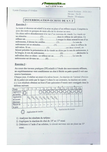 Sujet Terminale D Svt 2020-2021