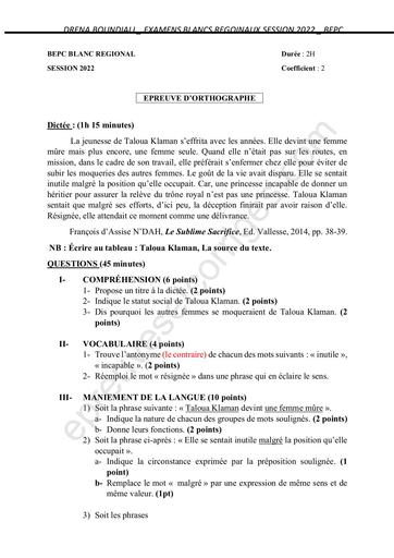 SUJET BEPC BLANC 2022 ORTHOGRAPHE REGIONAL DE BOUNDIALI COTE D'IVOIRE