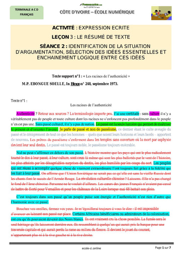 IDENTIFICATION DE LA SITUATION D’ARGUMENTATION, SÉLECTION DES IDÉES ESSENTIELLES ET ENCHAINEMENT LOGIQUE ENTRE CES IDÉES