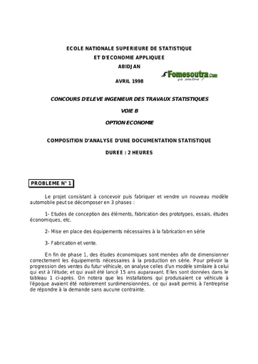 Sujet d'Analyse d'une Documentation Statistique ITS B option Economie 1998 (ENSEA)