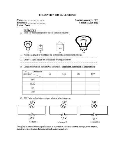 Evaluation de PC cours de vacances 5eme