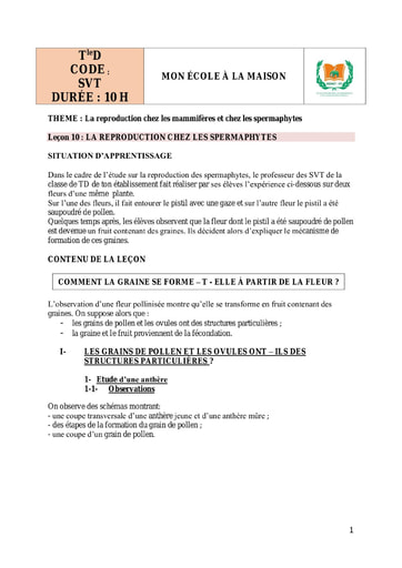 SVT TD L10 La reproduction chez les spermaphytes