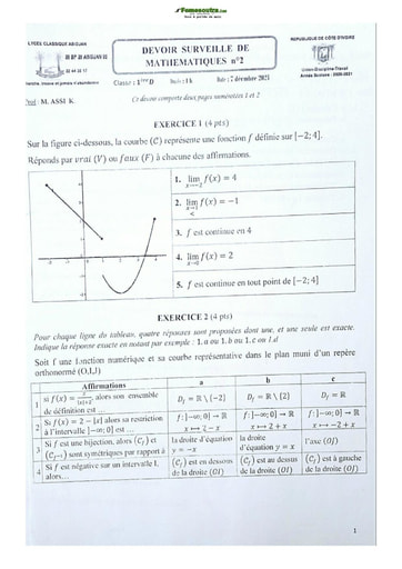 Sujet de Mathématique Première D Lycée Classique Abidjan