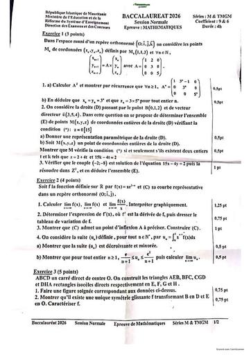 BAC 2026 MATHS SERIE M&TMGM Sujet+corrigé MAURITANIE BY TEHUA