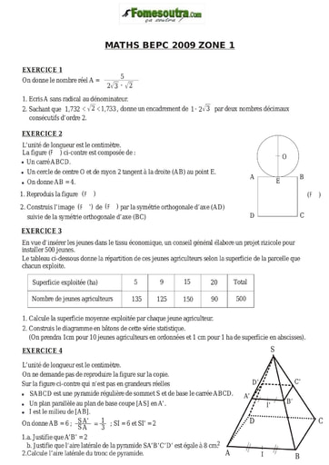 Sujet de mathématique BEPC 2009 Zone 1