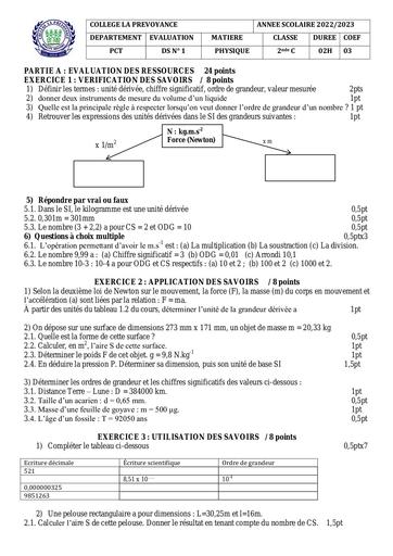 Physique 2nde C DS N°1 2022 2023