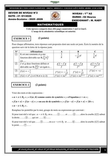 DEVOIR DE MATHS NIVEAU 1ere A(2è Trimestre 2025 2026) SAINTE MOISE ABOBO BY TEHUA